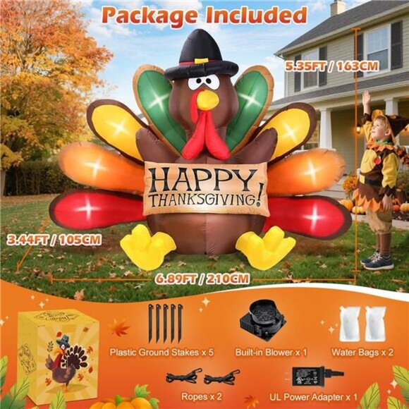 6FT Thanksgiving Inflatables Turkey Decor with Pilgrim Hat & Colorful - Picture 4 of 7